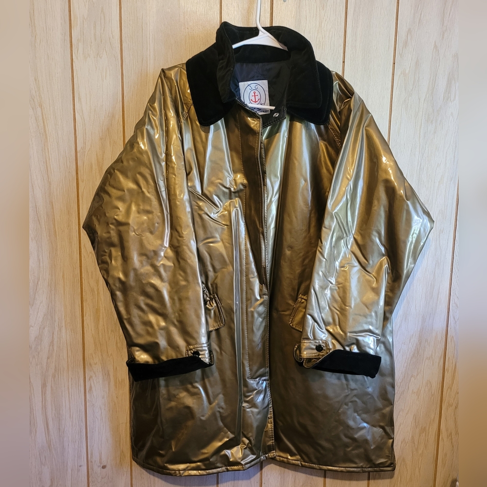 Vintage JG Hook Women's Rain Coat Jacket Gold PVC Vinyl Size Medium Black Collar